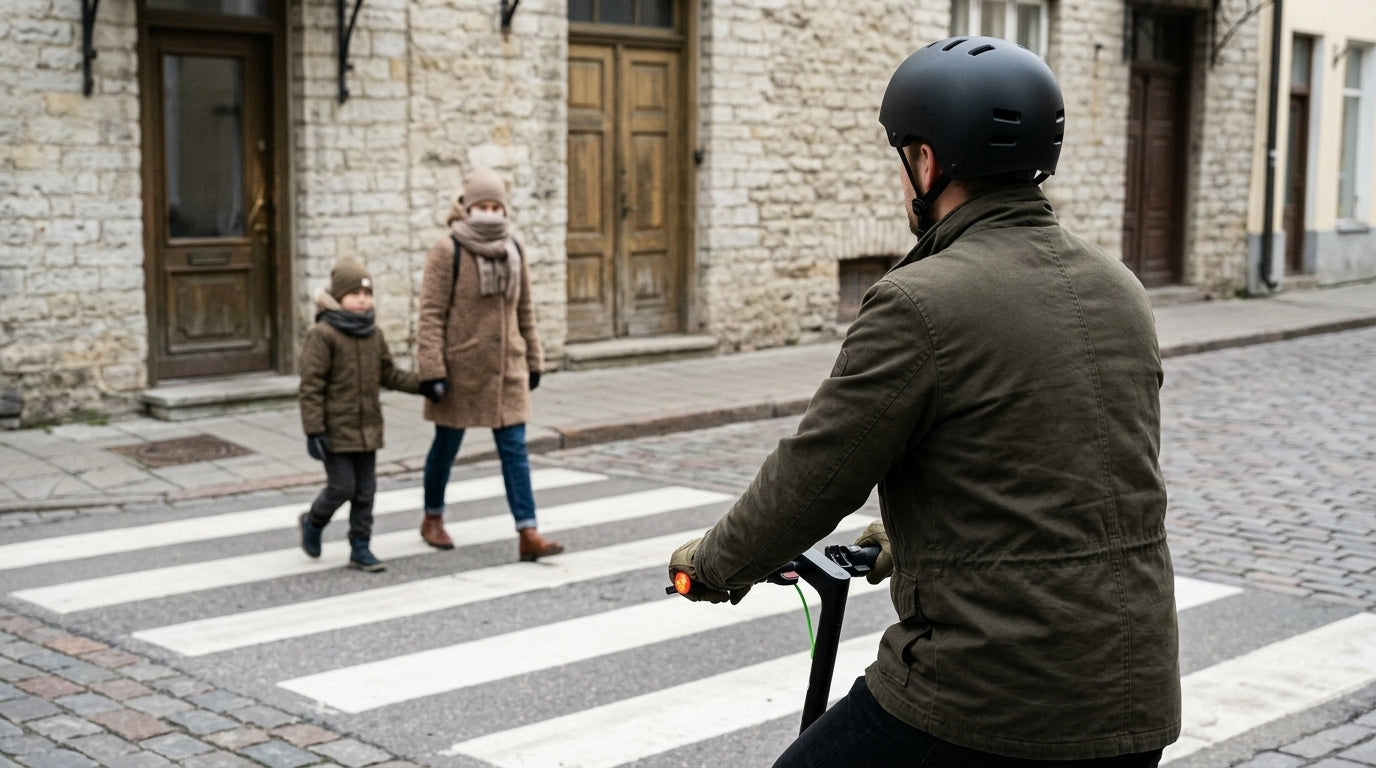 Rider on an electric scooter yielding to pedestrians at a crossing in Tallinn