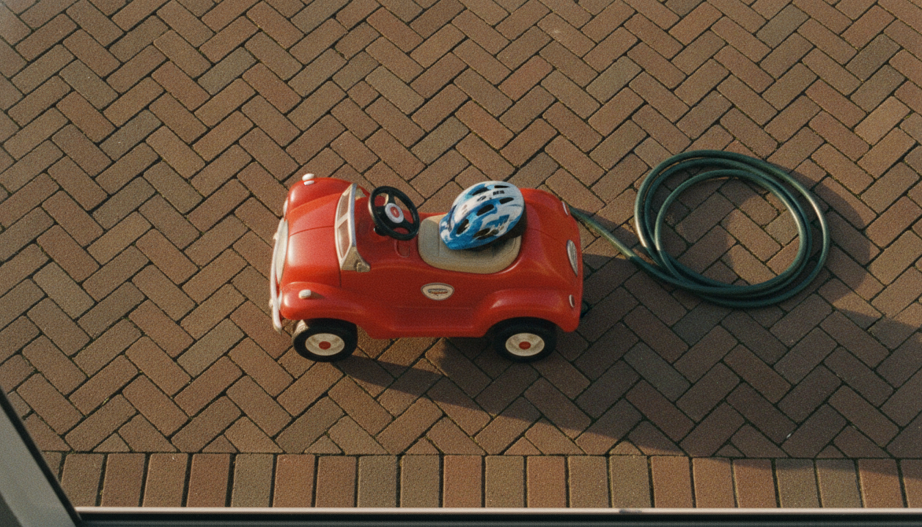 Red kids ride-on electric car on driveway pavers seen from above, helmet on the seat